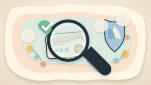 Paper-cut illustration of a magnifying glass checking a crypto wallet with safety symbols around it