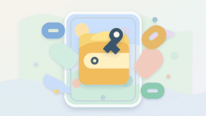 Layered paper illustration of a wallet embedded inside a mobile app with a key symbol