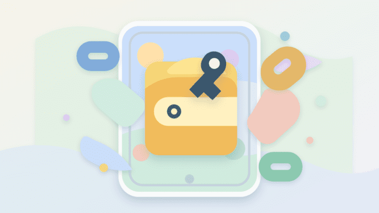Layered paper illustration of a wallet embedded inside a mobile app with a key symbol