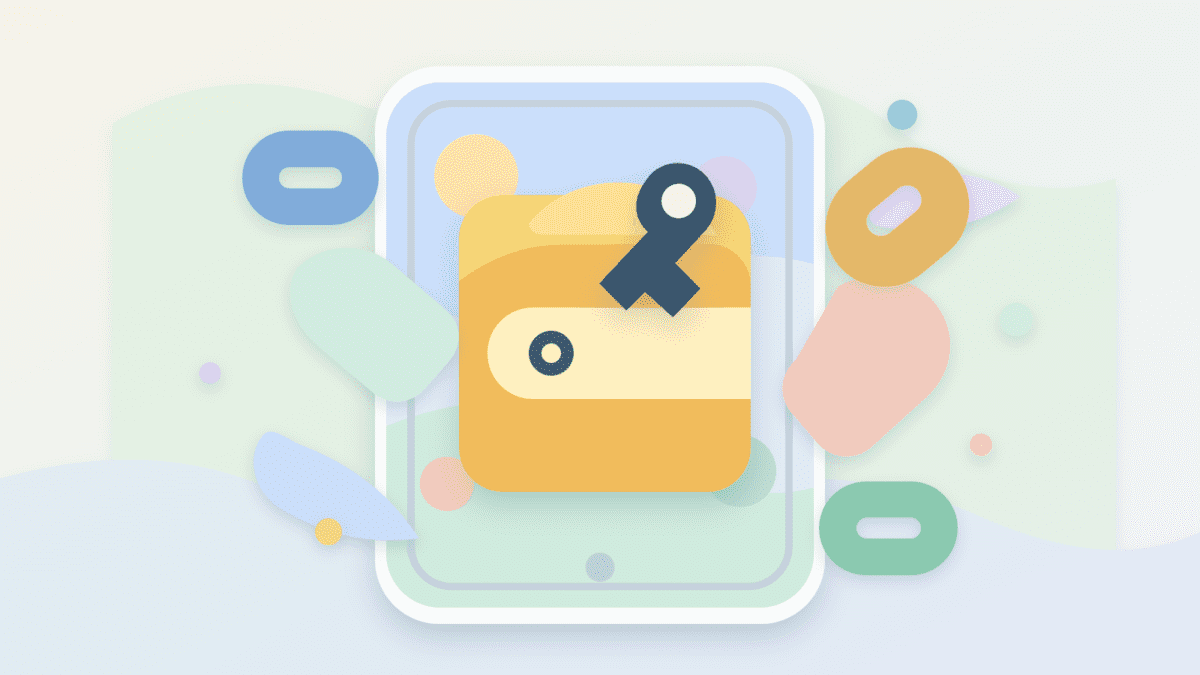 Layered paper illustration of a wallet embedded inside a mobile app with a key symbol