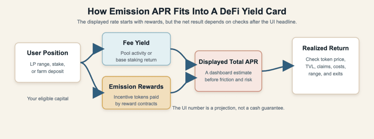 Flow diagram showing a DeFi position feeding fee yield and emission rewards into displayed total APR, then into realized return checks