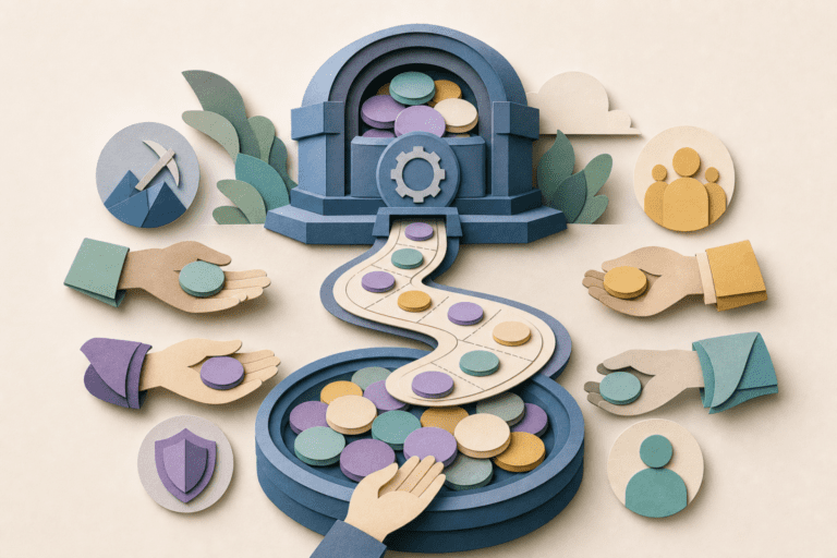 Layered paper illustration of token supply moving from a protocol vault through a release path to different recipient groups