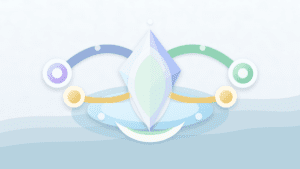 Layered paper illustration of a staked Ethereum-style crystal connected to restaking and liquid-token routes