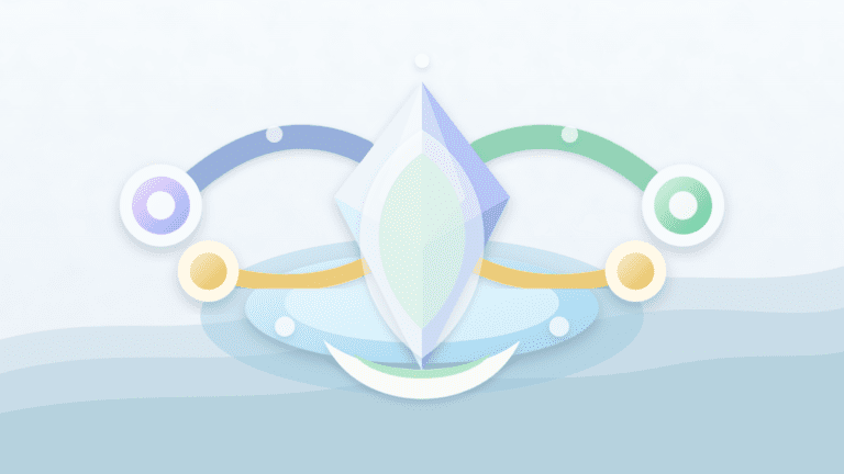 Layered paper illustration of a staked Ethereum-style crystal connected to restaking and liquid-token routes