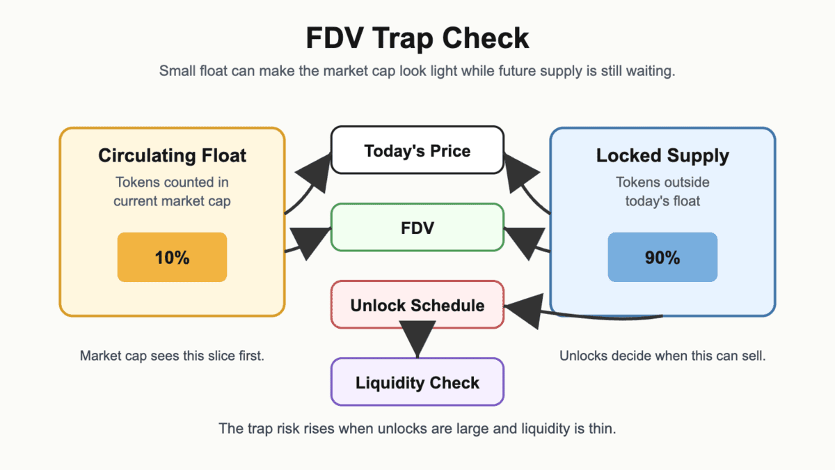 FDV trap diagram showing circulating float, locked supply, today's price, unlock timing, and liquidity checks