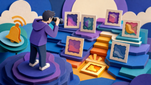 Layered-paper illustration of a watcher observing NFT floor steps and framed digital collectibles