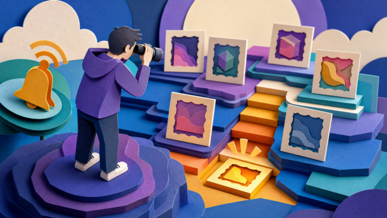 Layered-paper illustration of a watcher observing NFT floor steps and framed digital collectibles