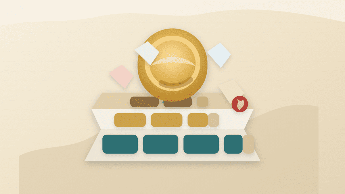 Layered paper collage showing a stablecoin token balanced above full and partial reserve compartments