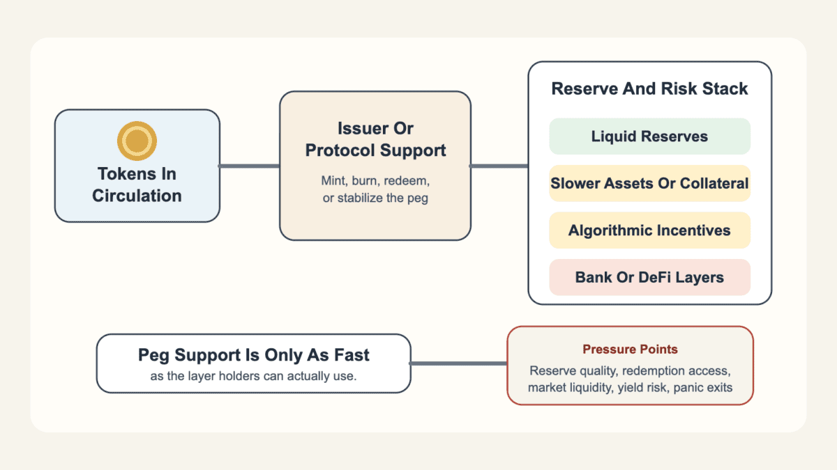 Diagram showing tokens, issuer support, reserve layers, and pressure points behind a fractional reserve stablecoin peg