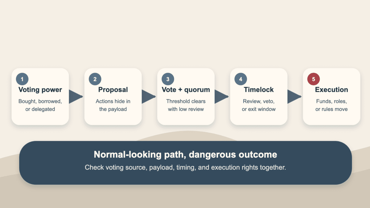 Flowchart showing a governance attack from voting power to proposal payload, vote and quorum, timelock, and execution impact