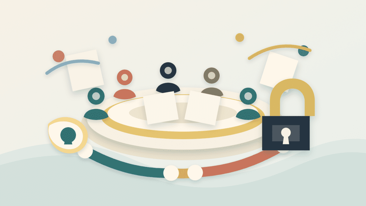 Layered paper illustration of a DAO governance forum with blank proposals, delegates, a voting path, and an execution lock