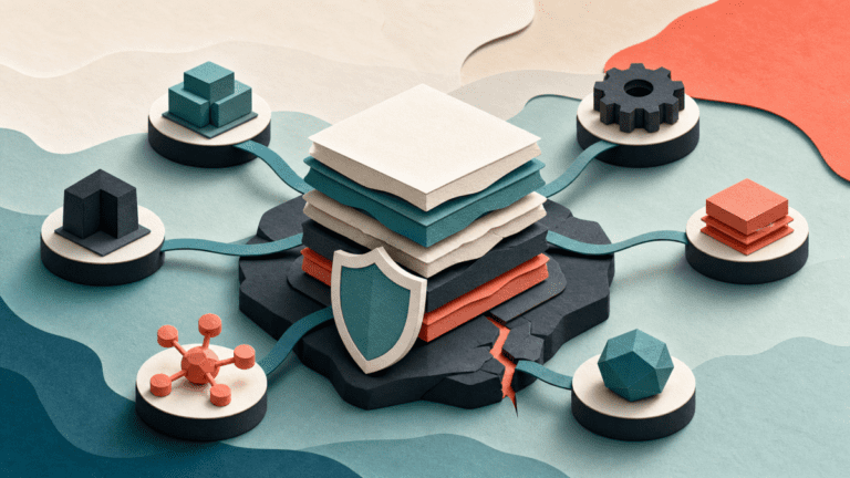 Layered paper illustration of a shielded protocol core with a few bounded governance controls around it