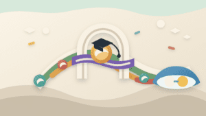 Layered paper illustration of a token crossing a graduation arch toward an AMM liquidity pool