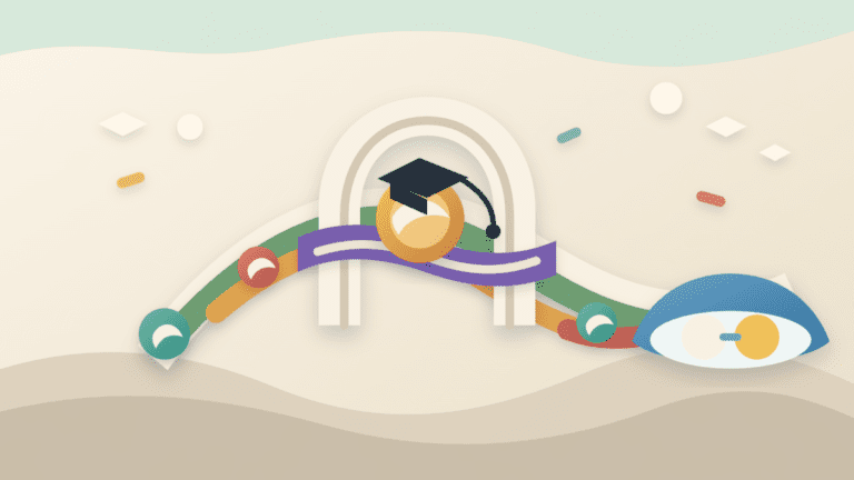 Layered paper illustration of a token crossing a graduation arch toward an AMM liquidity pool