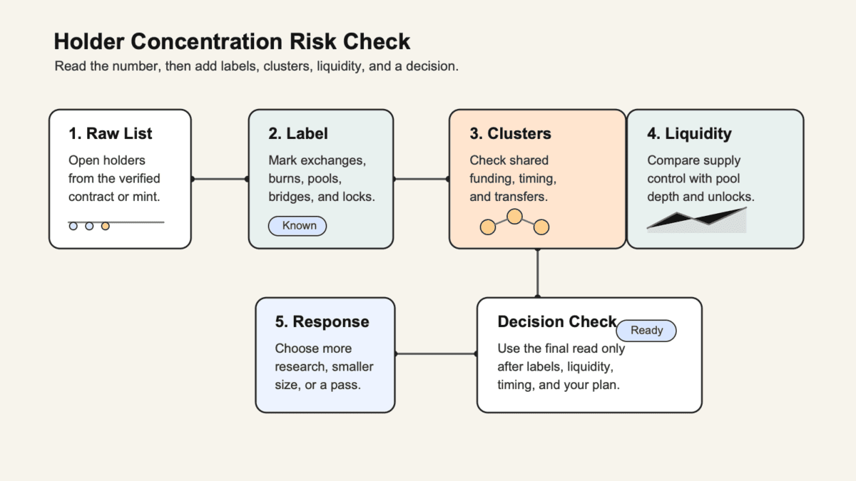 Sequence diagram showing holder concentration checks from a raw holder list to wallet labels, clusters, liquidity, and risk response