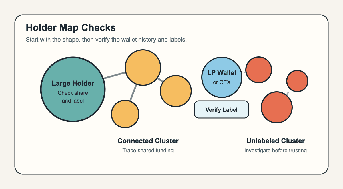 Simplified holder map diagram showing a large holder bubble, connected wallet cluster, labeled LP or exchange wallet, and unlabeled cluster that needs investigation