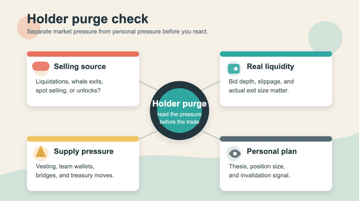 Checklist diagram showing four holder purge checks: selling source, real liquidity, supply pressure, and personal plan