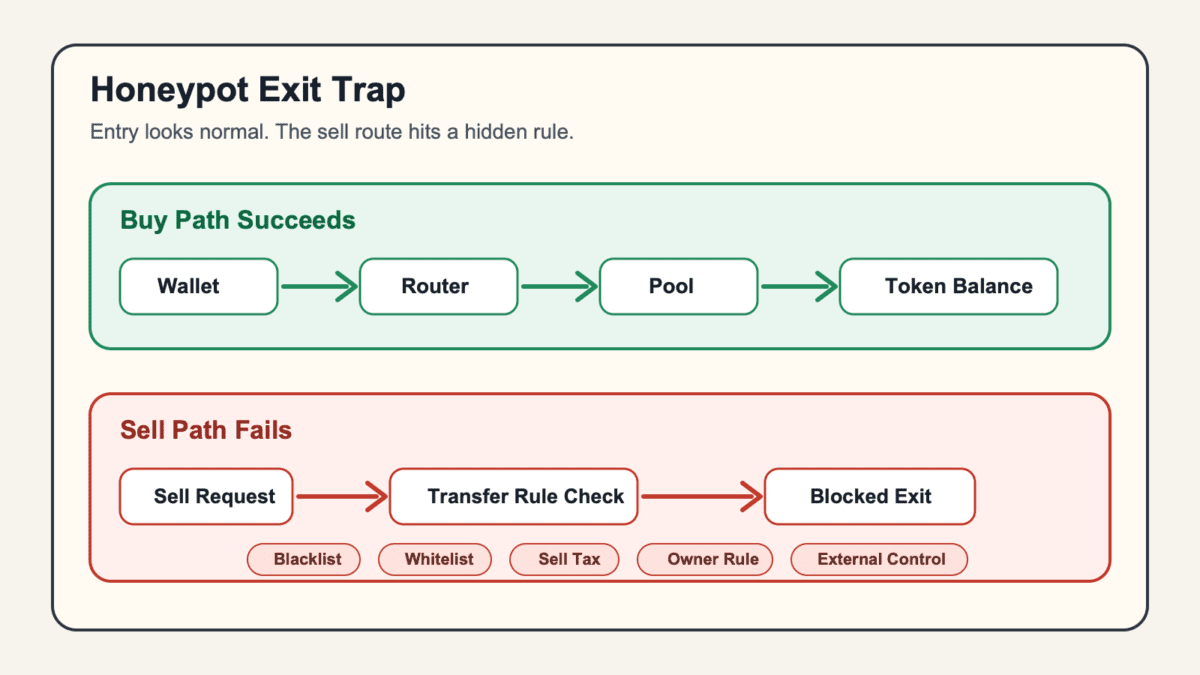 Diagram showing a honeypot buy path succeeding through wallet, router, pool, and token balance while the sell path fails at a transfer-rule checkpoint