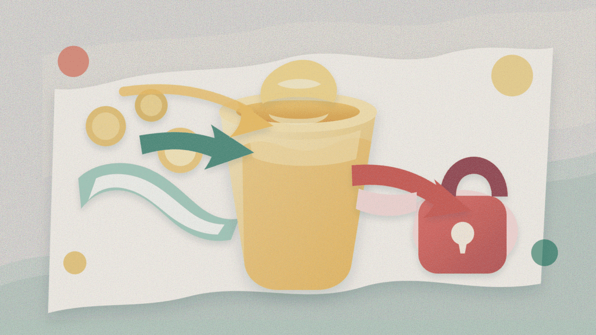 Layered paper illustration of crypto tokens entering a honeypot while the exit path is blocked by a lock