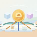 Layered-paper illustration of an infra coin connected to blockchain infrastructure rails, data blocks, compute, storage, and wallet tools