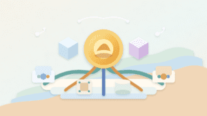 Layered-paper illustration of an infra coin connected to blockchain infrastructure rails, data blocks, compute, storage, and wallet tools