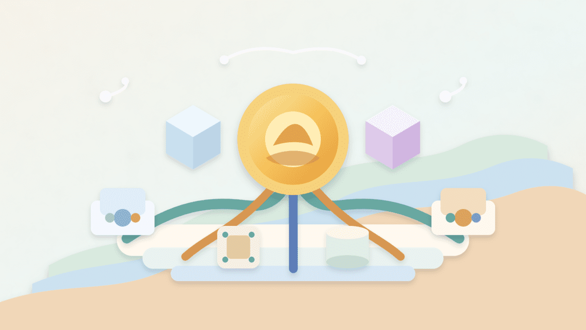Layered-paper illustration of an infra coin connected to blockchain infrastructure rails, data blocks, compute, storage, and wallet tools