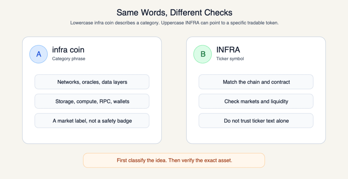 Two-lane diagram separating infra coin as a category phrase from INFRA as a ticker symbol that needs chain, contract, market, and liquidity checks
