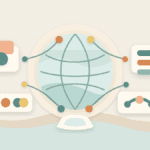 Layered paper illustration of a global internet market with abstract wallets, asset cards, and connected market venues
