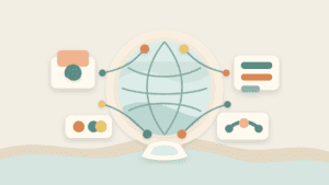 Layered paper illustration of a global internet market with abstract wallets, asset cards, and connected market venues