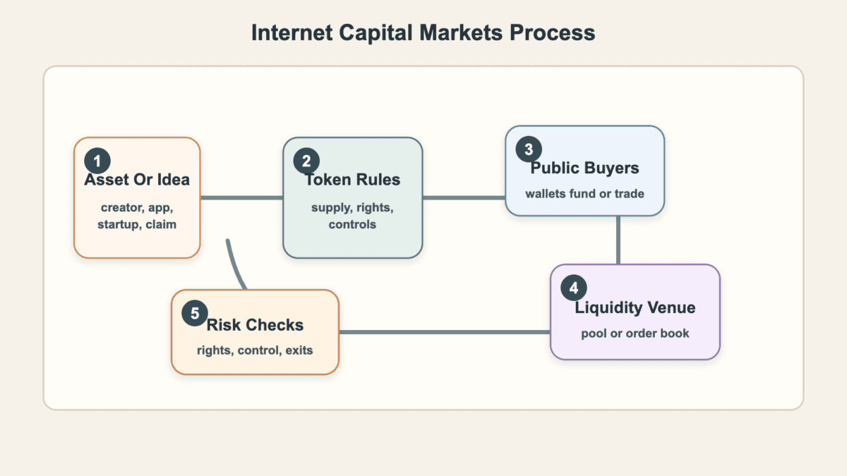 Process diagram showing how Internet Capital Markets move from an asset or idea to token rules, public buyers, liquidity venues, and risk checks