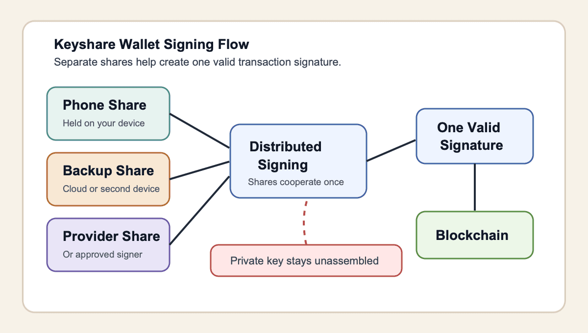 Diagram showing phone, backup, and provider shares contributing to distributed signing, one blockchain signature, and an unassembled private key