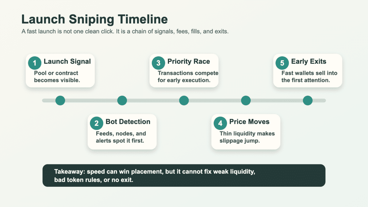 Launch sniping timeline showing launch signal, bot detection, priority race, price movement, and early exits