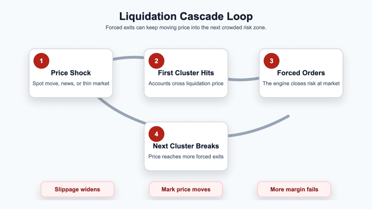 Diagram showing a liquidation cascade loop from price shock to first liquidation cluster, forced market orders, and the next liquidation cluster