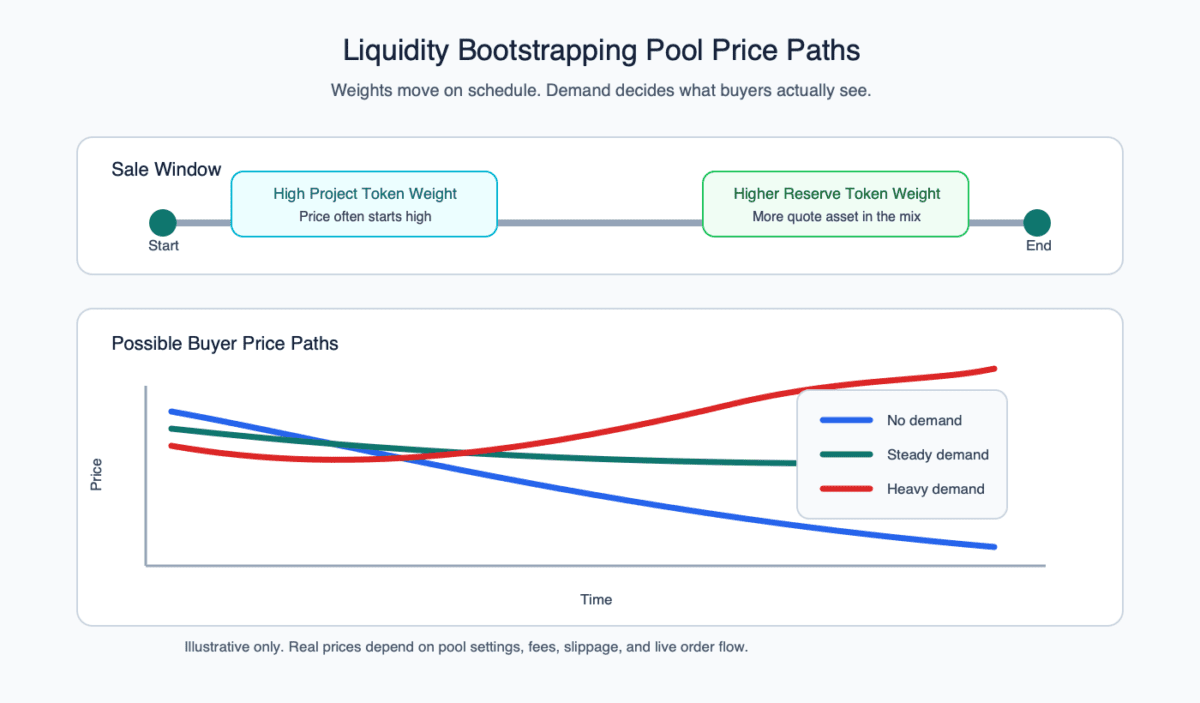Diagram showing a liquidity bootstrapping pool moving from high project token weight to higher reserve token weight, with no demand, steady demand, and heavy demand price paths