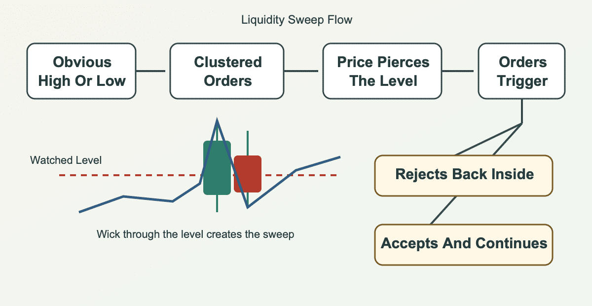 Flow diagram showing a liquidity sweep sequence from an obvious level to clustered orders, a level pierce, triggered orders, and rejection or continuation