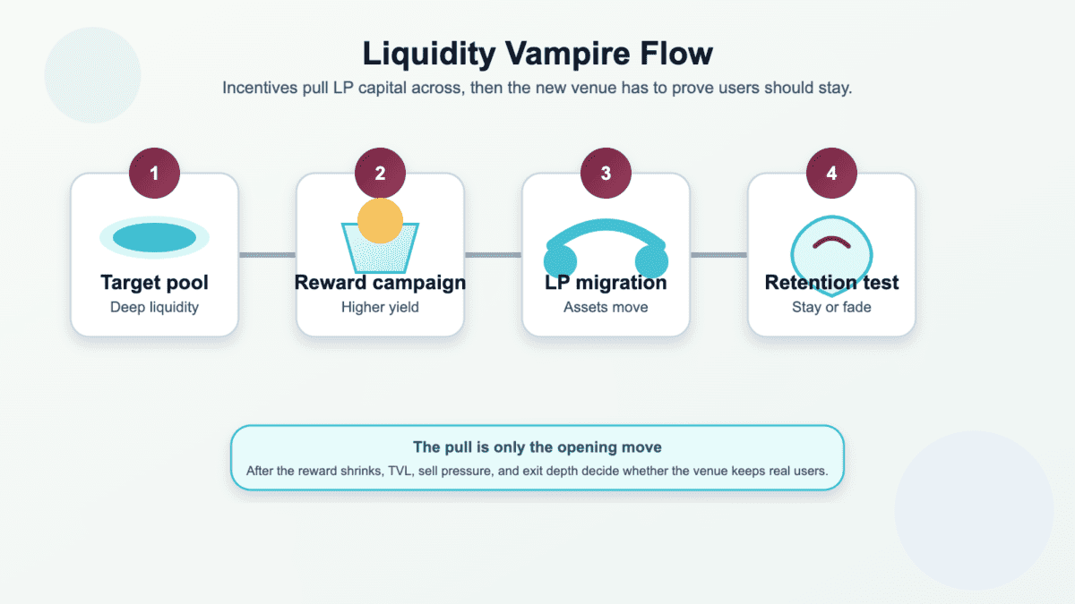 Flow diagram showing target pool, reward campaign, LP migration, and retention test for a liquidity vampire