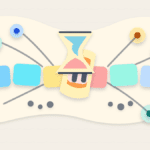 Layered paper illustration showing a blockchain path stalled around an hourglass to represent liveness failure