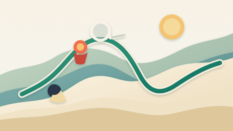 Layered-paper illustration of a crypto price path rising to a temporary local peak before dipping inside a broader upward landscape