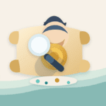 Paper-cut illustration showing a magnifying glass checking a Lore coin token identity on a scroll