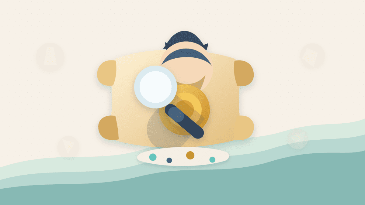Paper-cut illustration showing a magnifying glass checking a Lore coin token identity on a scroll