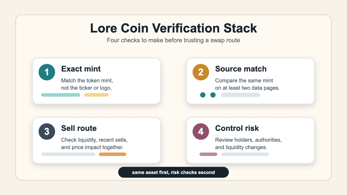 Diagram showing four Lore coin verification checks: exact mint, source match, sell route, and control risk