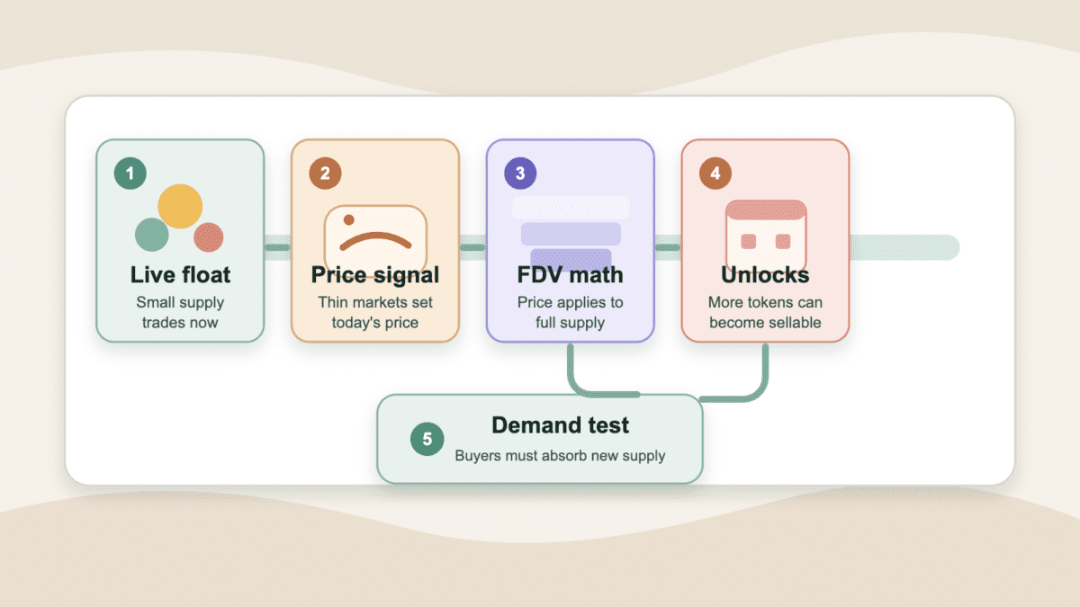 Diagram showing a five-part low float, high FDV path from live float and price signal to FDV math, unlocks, and demand test