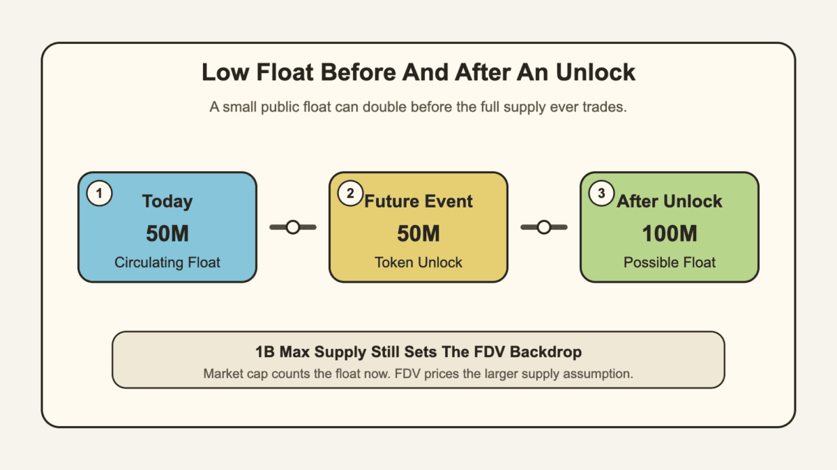 Diagram showing today's 50 million circulating float, a future 50 million token unlock, and 1 billion max supply as the FDV backdrop