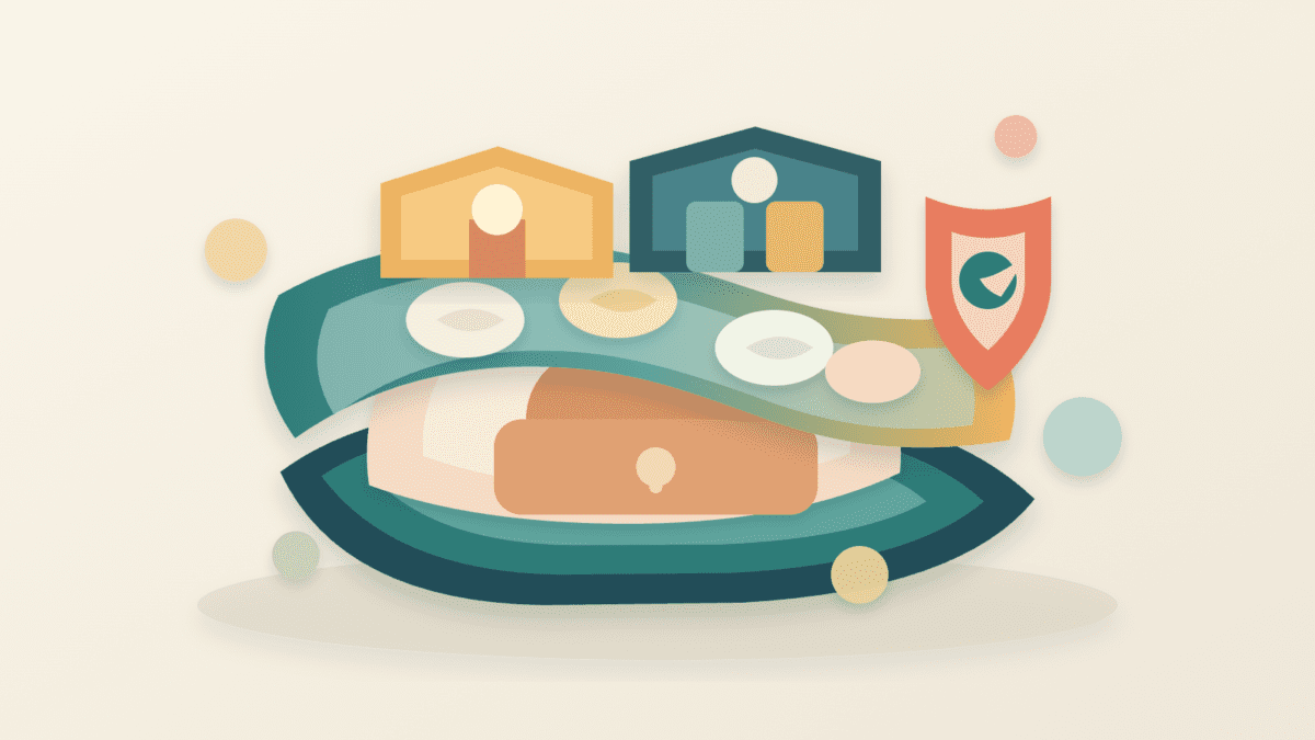 Layered paper illustration showing a locked staking base, liquid receipt tokens, DeFi blocks, and a risk shield for LSTfi