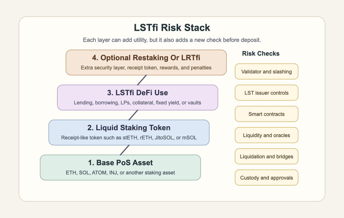 Diagram showing the LSTfi stack from a base proof-of-stake asset to a liquid staking token, then LSTfi DeFi use, with optional restaking or LRTfi and key risk checks beside each layer