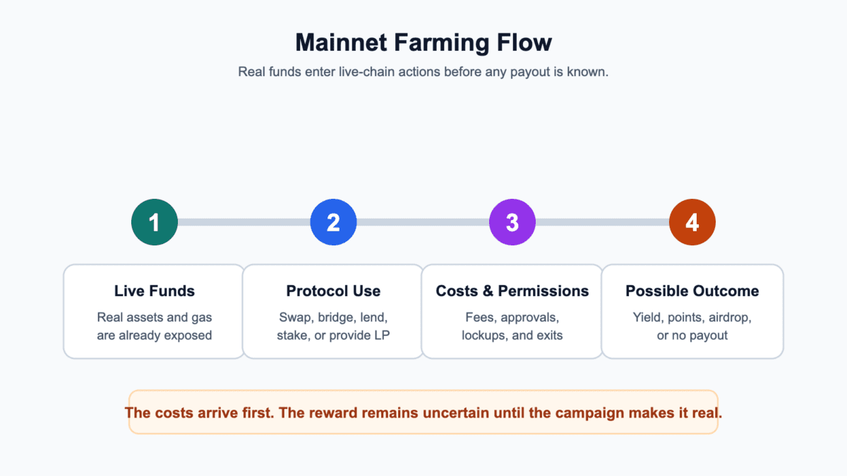 Diagram showing live funds, protocol use, costs and permissions, and possible outcomes in mainnet farming