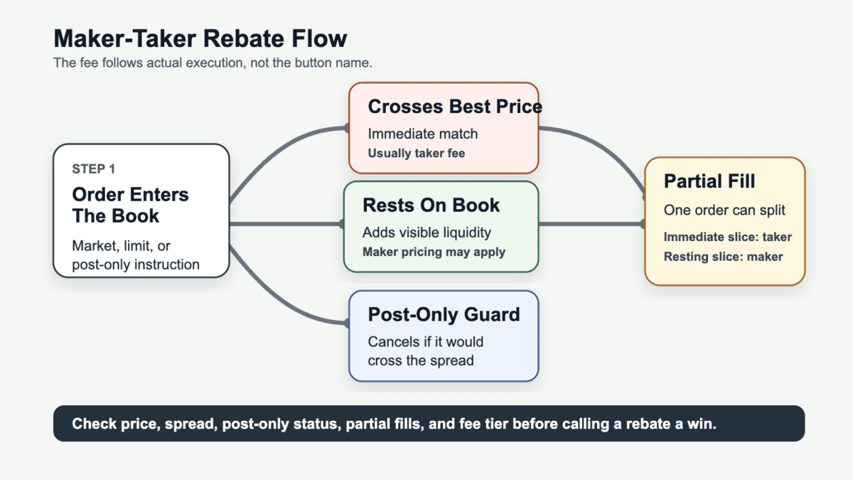 Diagram showing how an order can cross the book and pay taker fees, rest on the book for maker pricing, use post-only protection, or split into partial maker and taker treatment