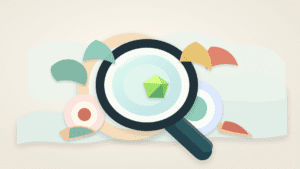 Layered paper illustration showing a magnifying glass over nested market-size rings and a hidden gem