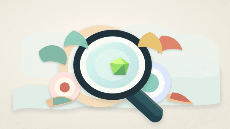 Layered paper illustration showing a magnifying glass over nested market-size rings and a hidden gem