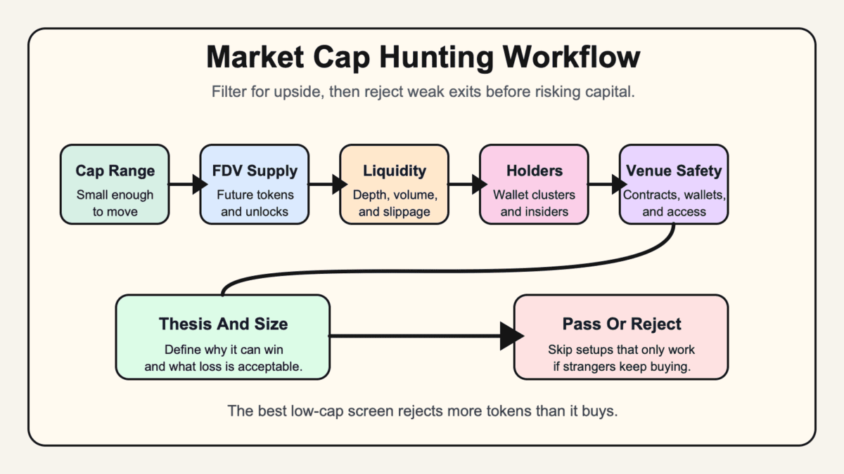 Layered-paper workflow diagram showing market cap hunting checks moving from cap range through FDV supply, liquidity, holders, venue safety, thesis sizing, and pass or reject